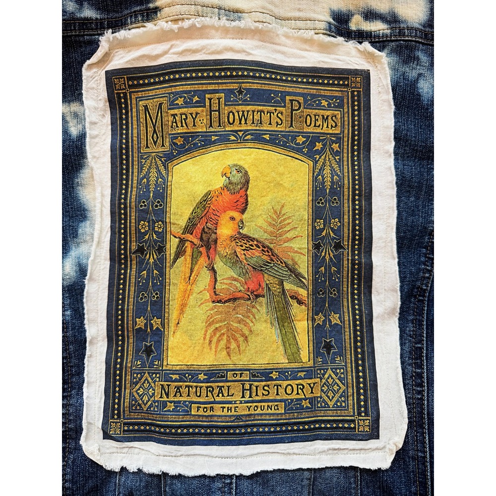 Upcycled Bird Book‎ Cover Folk Art Patchwork Denim Jacket Women's Large